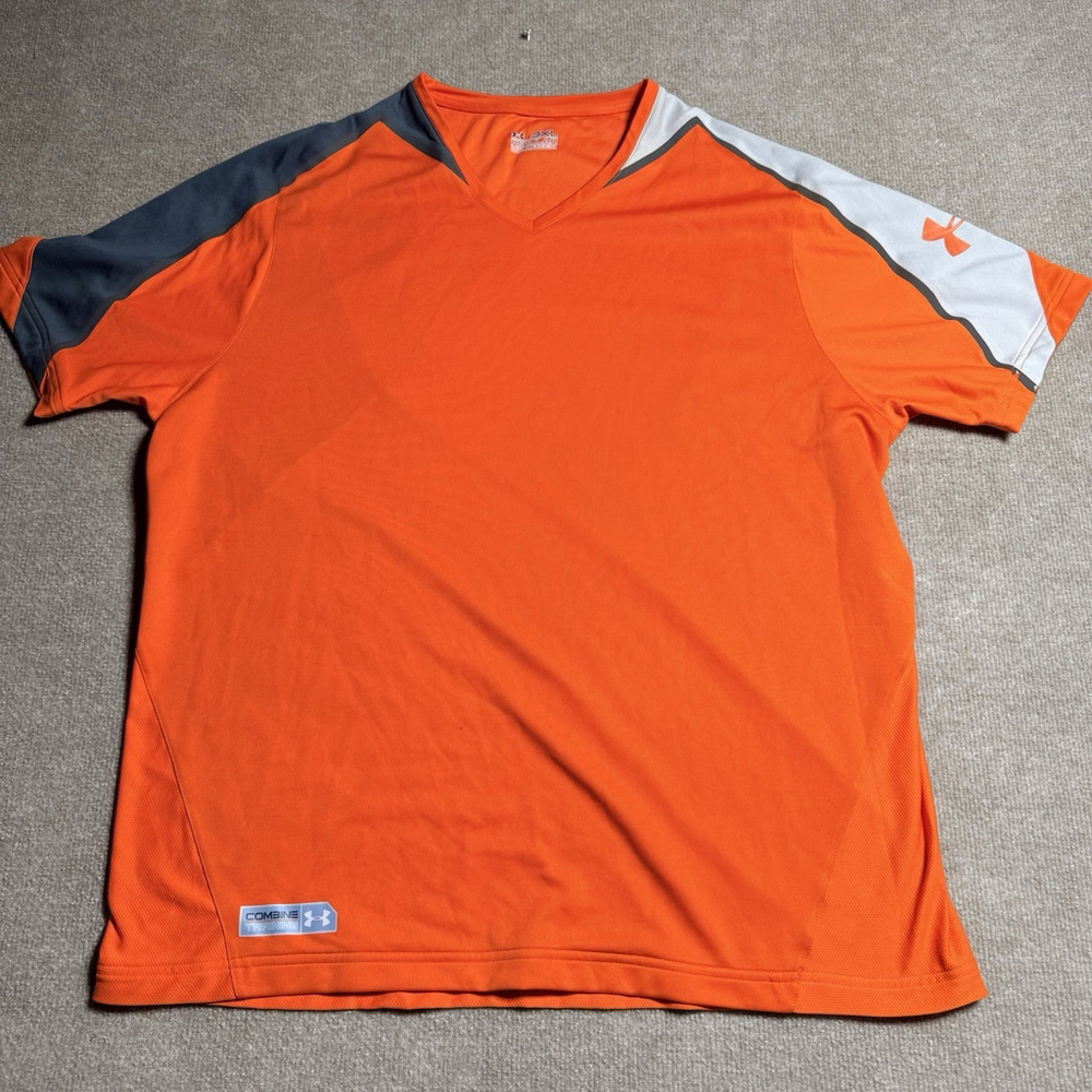 Under Armour Shirt Mens 3XL Orange Combine Training HeatGear V-Neck Gym Tee - Picture 2 of 16